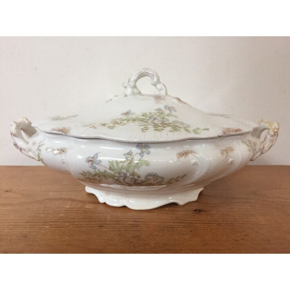 Vtg Antique Hanley Meakin Porcelain Blue Floral Vegetable Lid Oval Serving Dish